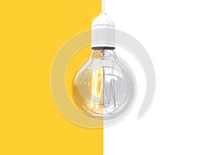 Edison`s light bulb on and off. Image of an incandescent lamp divided in half into two parts. Contrast comparison of opposites.