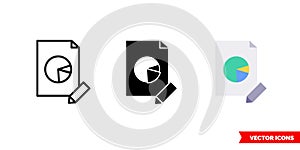 Edit pie chart report icon of 3 types. Isolated vector sign symbol.