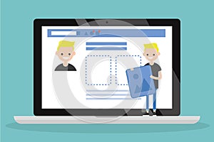 Edit your profile. Conceptual illustration. Young character uploading a photo on his social media profile / flat vector