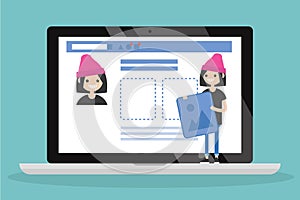 Edit your profile. Conceptual illustration. Young female character uploading a photo on her social media profile / flat vector il