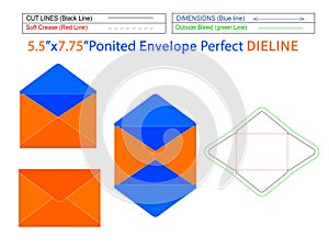 Editable easily resizable pointed flap envelope 5.5x7.75 inch dieline template and 3D envelope