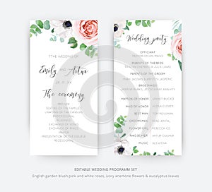 Editable floral vector wedding and ceremony program card set. Beautiful template design with watercolor illustration of pink
