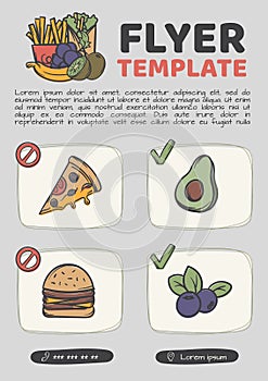 Editable flyer template, handouts, posters promoting healthy eating. The concept of junk food and healthy lifestyle. photo