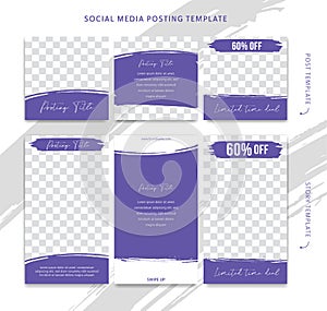 Editable Instagram post and story social media template for sale discount and product promotion with abstract purple dry brush ink