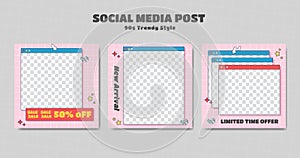 Editable instagram square post template set pink color with 90s retro trendy cartoon style