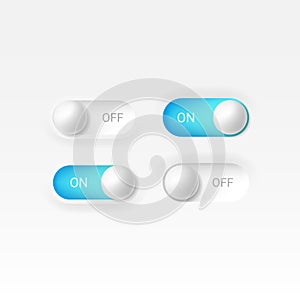 Editable neomorphism on off round shape power blue button set. Slider for website, mobile menu, navigation and