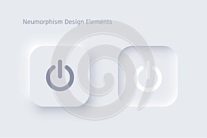 Editable neomorphism on off square shape power button set. Objects for website, mobile menu, navigation and application