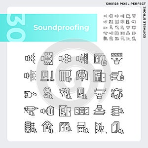 Editable pixel perfect black soundproofing icons collection