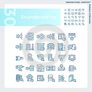 Editable pixel perfect blue soundproofing icons collection