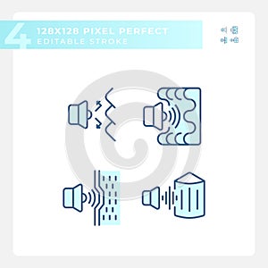 Editable pixel perfect blue soundproofing line icons