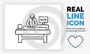 Editable real line icon of a patient in a hospital bed on the intensive care