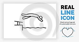 Editable real line icon of a stick figure person diving in the water from the edge