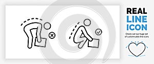 Editable real line icon of a stick figure person doing heavy lifting with a correct and incorrect posture