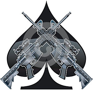 M16 assault rifles in front of ace of spades