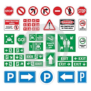 Set Street Sign, Evacuate Sign, Smoking Area / No Smoking Sign, Parking Sign, Stop, Fire Assembly Point Vector Template photo