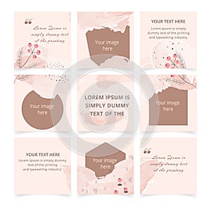 Editable social media post template with place for photo. Set of abstract pink pastel watercolor backgrounds with floral elements.