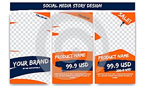 Editable social media story action adventure in orange blue color. Product sale promotion branding post social media template