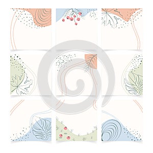 Editable square social media posts templates set. Abstract pastel backgrounds in minimal trendy style with floral and geometric el