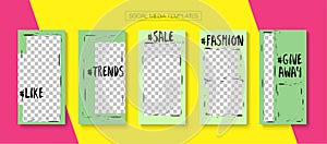 Editable Stories Minimal Vector Layout. Social Media Like and Share, Trends, Sale -50 Photo Frames Kit. Sale Insta Stories Layout