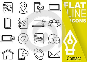 Editable stroke 70x70 pixel. Simple Set of contact vector sixteen flat line Icons with vertical yellow banner - directory, map, sm