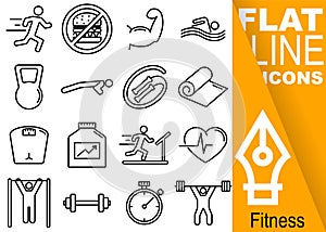 Editable stroke 70x70 pixel. Simple Set of fitness vector sixteen flat line Icons with vertical orange banner - run, muscles, swim