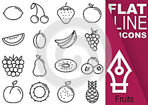 Editable stroke 70x70 pixel. Simple Set of fruits vector sixteen flat line Icons with vertical banner - lemon, cherry, strawberry,