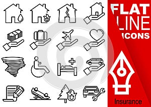 Editable stroke 70x70 pixel. Simple Set of insurance vector sixteen flat line Icons with vertical red banner - fire, flood, earthq