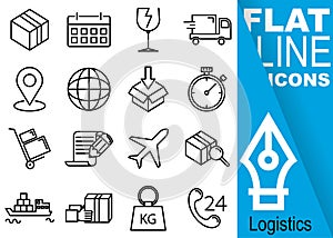 Editable stroke 70x70 pixel. Simple Set of logistics vector sixteen flat line Icons with vertical blue banner - box, calendar, fra