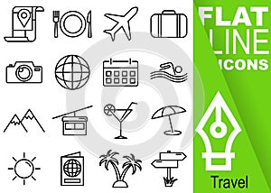 Editable stroke 70x70 pixel. Simple Set of travel vector sixteen flat line Icons with vertical green banner - map, food, airplane,