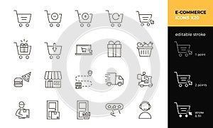 20 editable stroke icons related with E-commerce. Vector thin line graphic elements for online shopping, delivery services, photo
