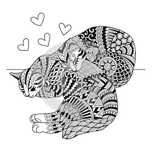 Editable stroke width lines. Cute two cats sleeping for cards, t shirt design, adult coloring book, coloring page and print on oth