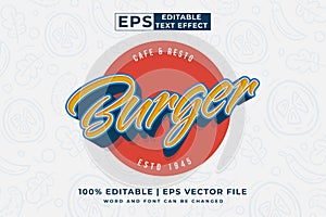 Editable text effect burger logo 3d vintage style premium vector