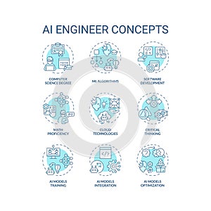 Editable thin line icon set representing AI engineer