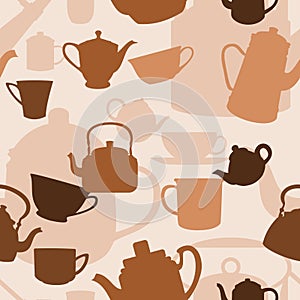 Flat Style Cups and Pots Vector Illustration Seamless Pattern