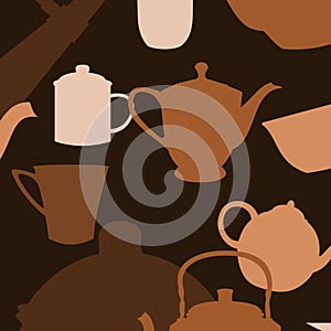 Flat Cups and Pots Vector Illustration With Dark Background Seamless Pattern