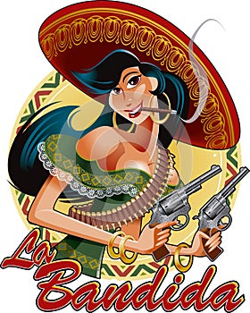 Mexican girl with pistols and the text `The bandit`
