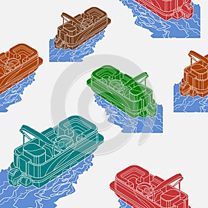 Top Oblique Back Pontoon Boats Vector Illustration Seamless Pattern