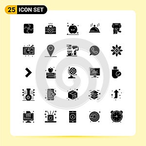 Editable Vector Line Pack of 25 Simple Solid Glyphs of bucket, servise, couple photography, pallat, hotel