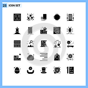 Editable Vector Line Pack of 25 Simple Solid Glyphs of hotel, equipment, watt, electronic, devices