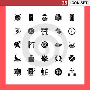 Editable Vector Line Pack of 25 Simple Solid Glyphs of smart phone, profile, world, screen, lcd