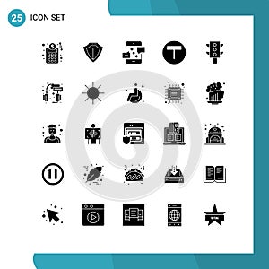 Editable Vector Line Pack of 25 Simple Solid Glyphs of traffic, money, connection, kazakhstan, tenge