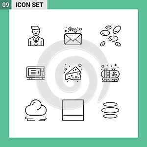 Editable Vector Line Pack of 9 Simple Outlines of food, oven, hematology, machine, electric