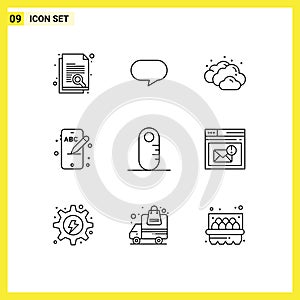 Editable Vector Line Pack of 9 Simple Outlines of inbox, audiometer, cloudy, ruler, phone photo