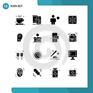Group of 16 Modern Solid Glyphs Set for device, compter, move, cooler fan, location photo