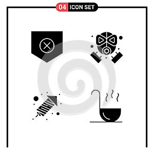 Editable Vector Line Pack of 4 Simple Solid Glyphs of protect, fire work, x, mask, kitchen