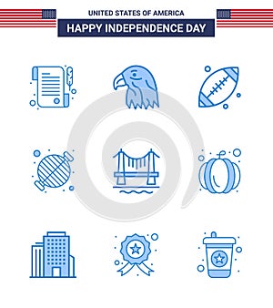 Editable Vector Line Pack of USA Day 9 Simple Blues of building; party; footbal; grill; barbecue