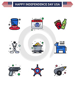 Editable Vector Line Pack of USA Day 9 Simple Flat Filled Lines of rail; cart; bottle; sport; hokey