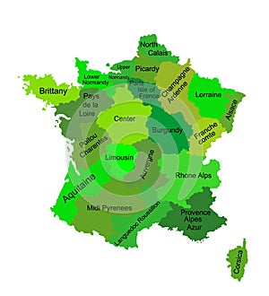 Editable vector map of France vector silhouette illustration isolated on white background. French autonomous communities.