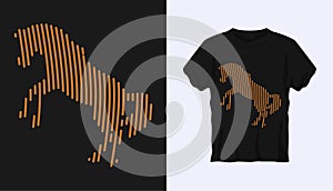Editable vector outline image of jumping horse with brown stripes isolated on black background. Vector T-shirt silhouette. Front