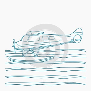 Outline Style Side View Pontoon Plane Vector Illustration